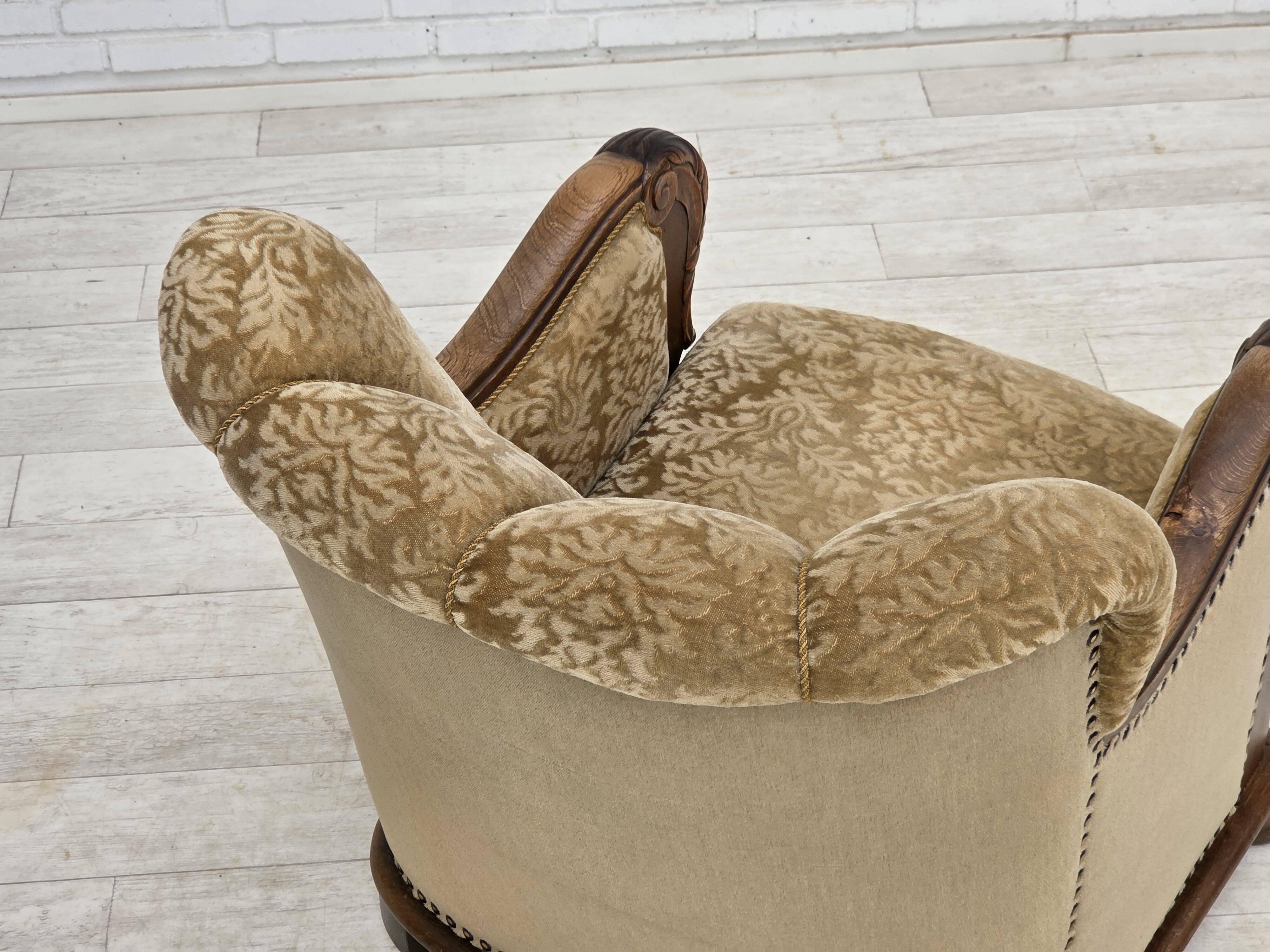 1950s, Danish relax armchair, furniture velour, carved oak wood.