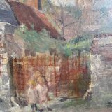 Oil on canvas children in front of the gate
