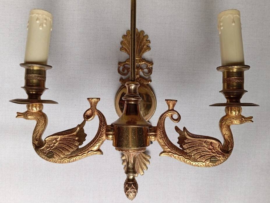 Pair of bronze and sheet metal hot water bottle wall lights
