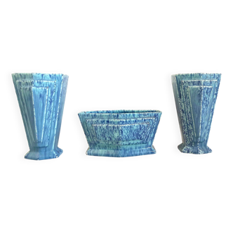 3-piece Art Deco blue fireplace surround