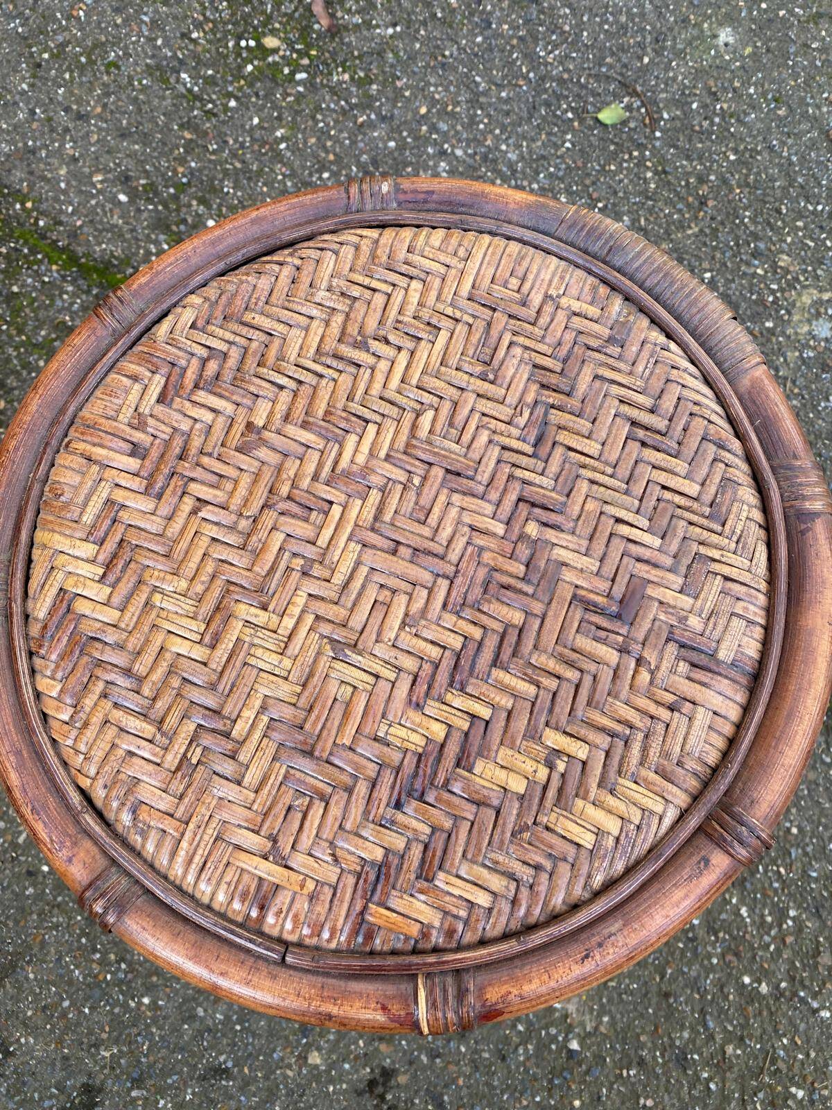 Vintage round stool in bamboo, rattan, and wicker.