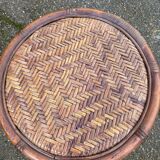 Vintage round stool in bamboo, rattan, and wicker.