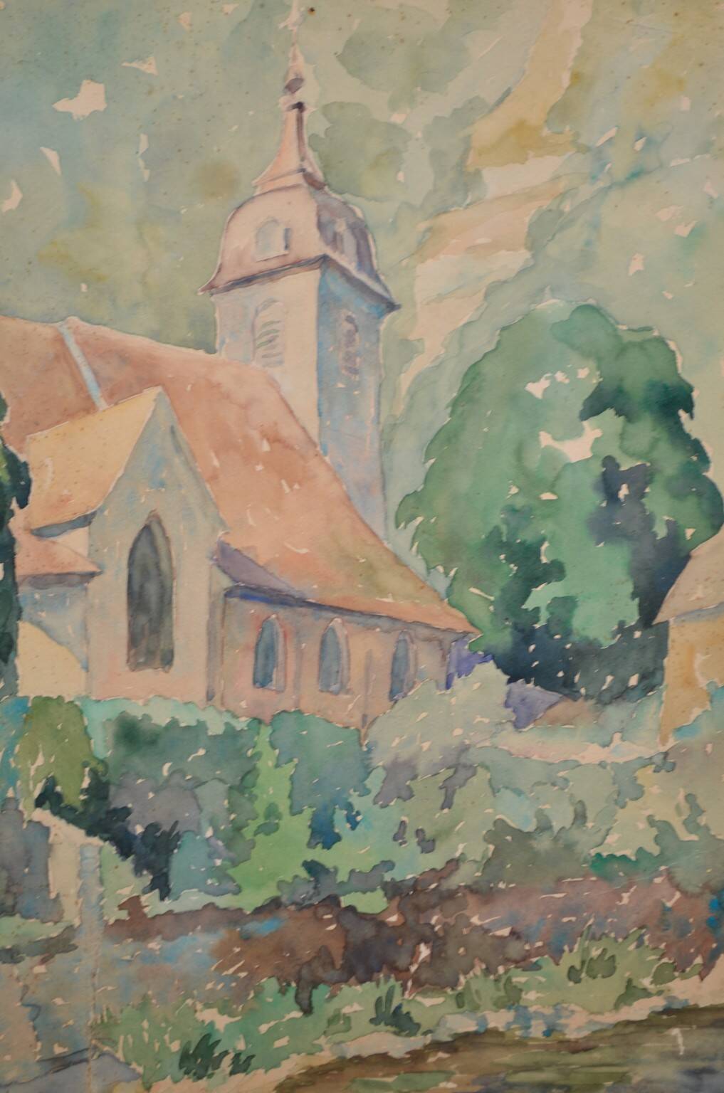 French school 20th century "the village church" watercolor, dated 1944