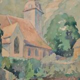 Ecole française XXème siècle "l'église du village" aquarelle, datée 1944