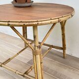 Vintage rattan and oak round coffee table