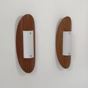 Pair of vintage wall lights in thermoformed wood and opaline glass, France, 1980.