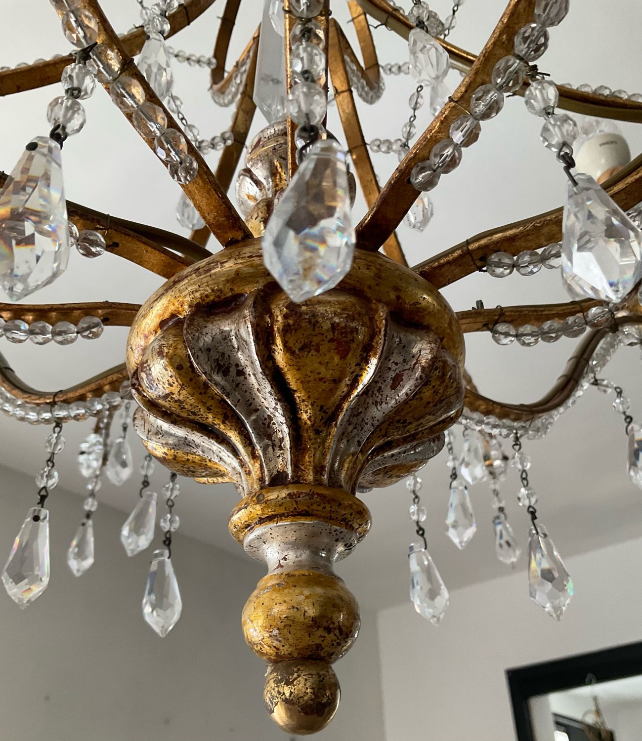 Old Venetian chandelier with Bohemian crystal tassels and gilded wood