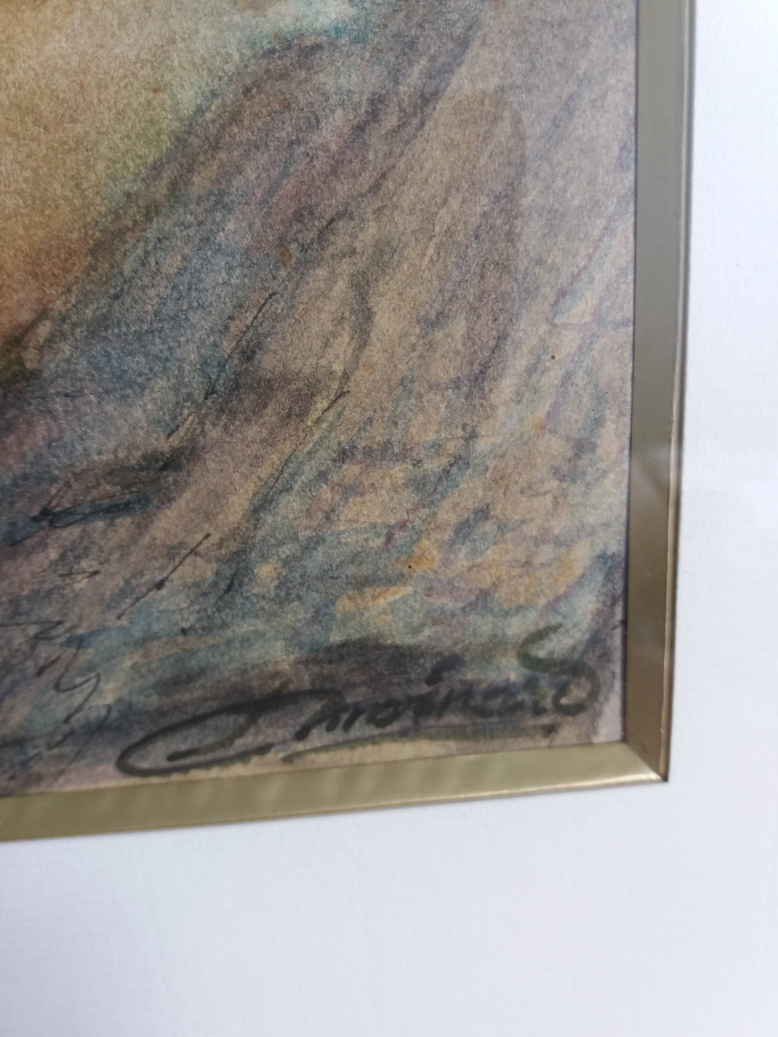 Signed painting, landscape, boat on river, Poitevin marsh