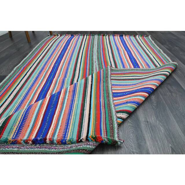 Vintage Turkish Oushak Handmade Wool Cotton Blue Pink Runner Rug 158x246