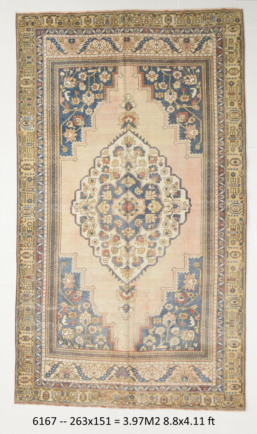 5x9 tan beige & blue oushak rug, 151x263cm