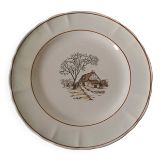 Large vintage Italian earthenware platter with cottage decoration – 1950s-1970s