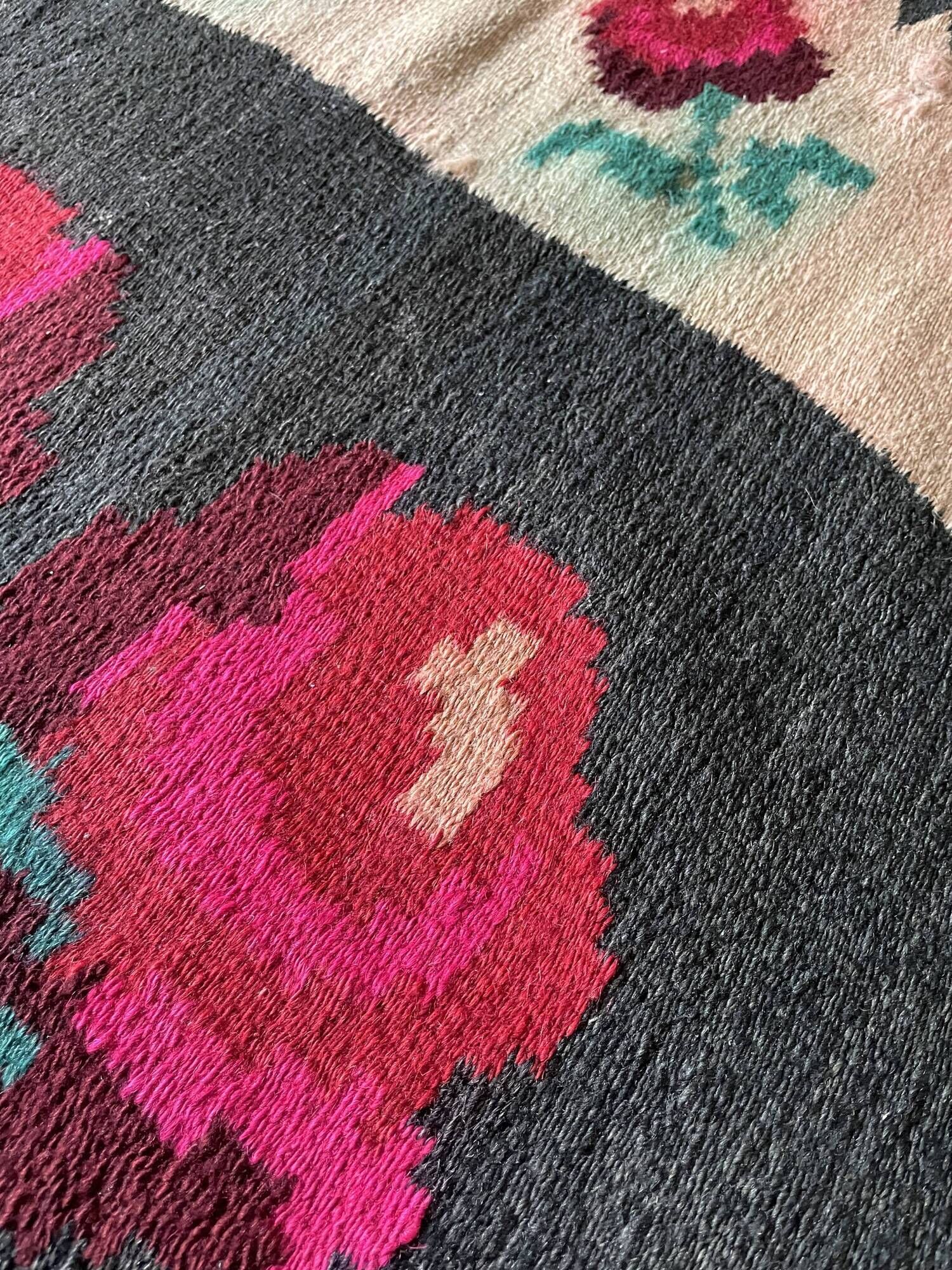 Very Old Romanian floral handwoven carpet made in wool, bohemian design