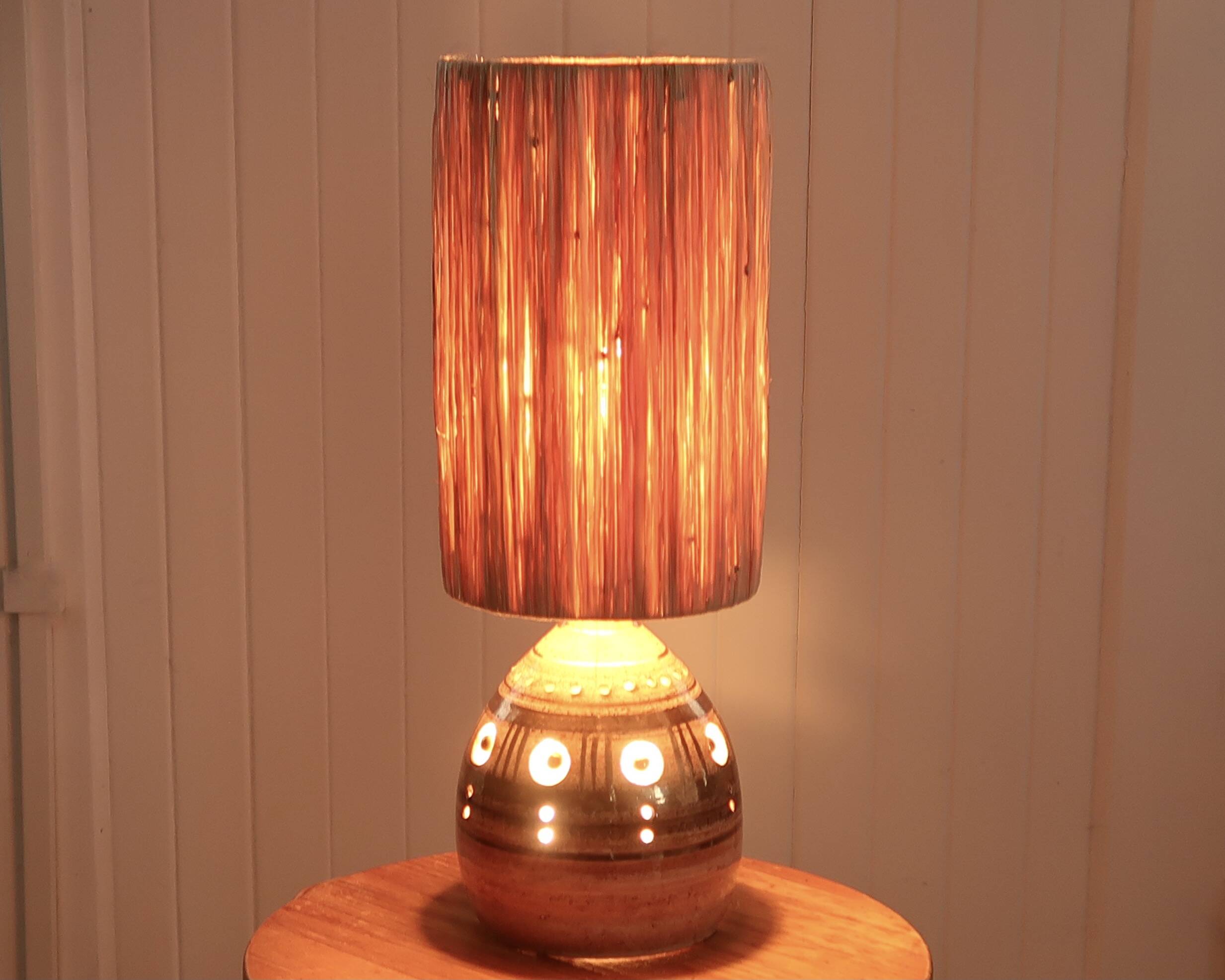 Ceramic lamp by Georges Pelletier, raffia lampshade