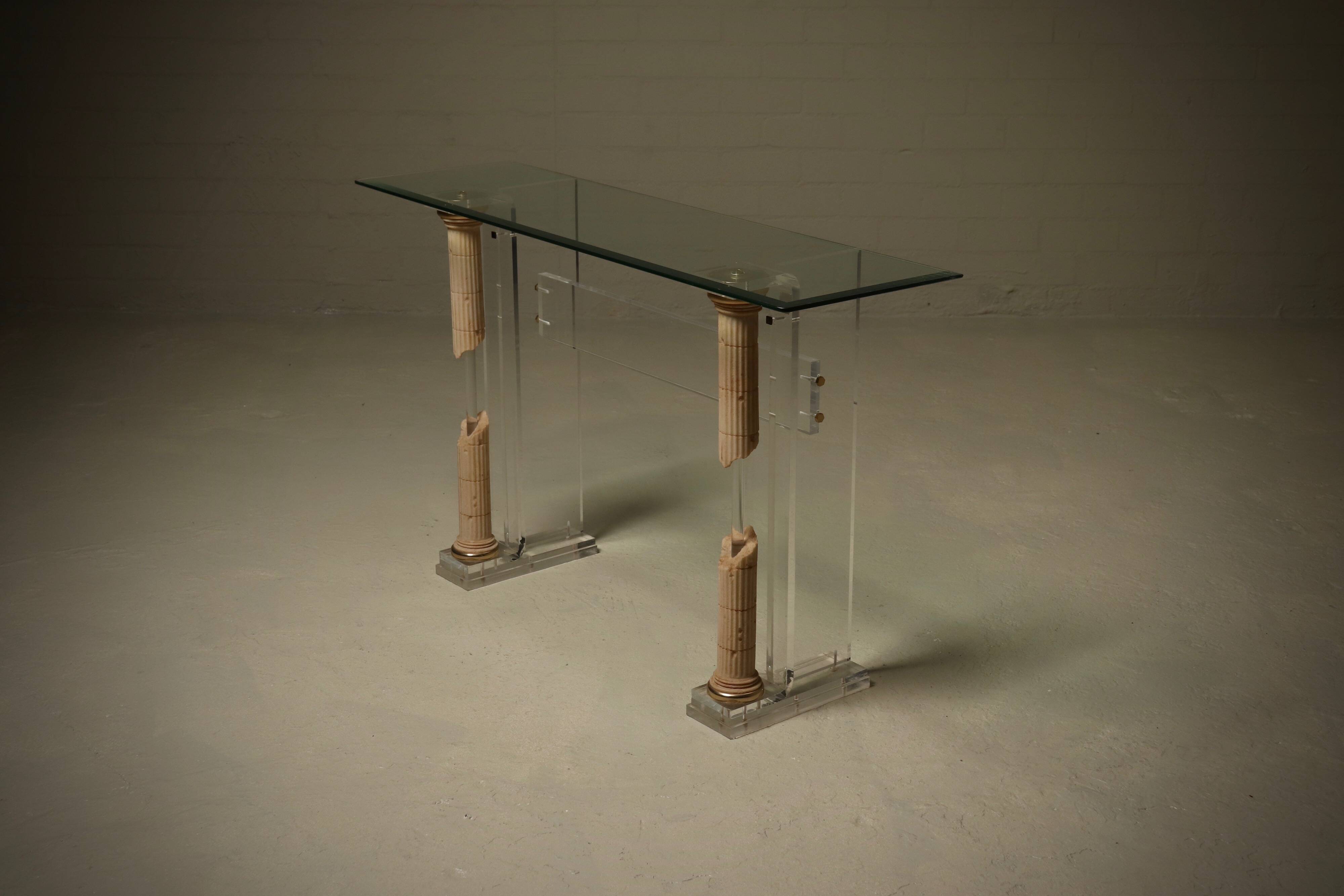 Italian Modern Plexiglass Console Table with Roman Column Details 1980s