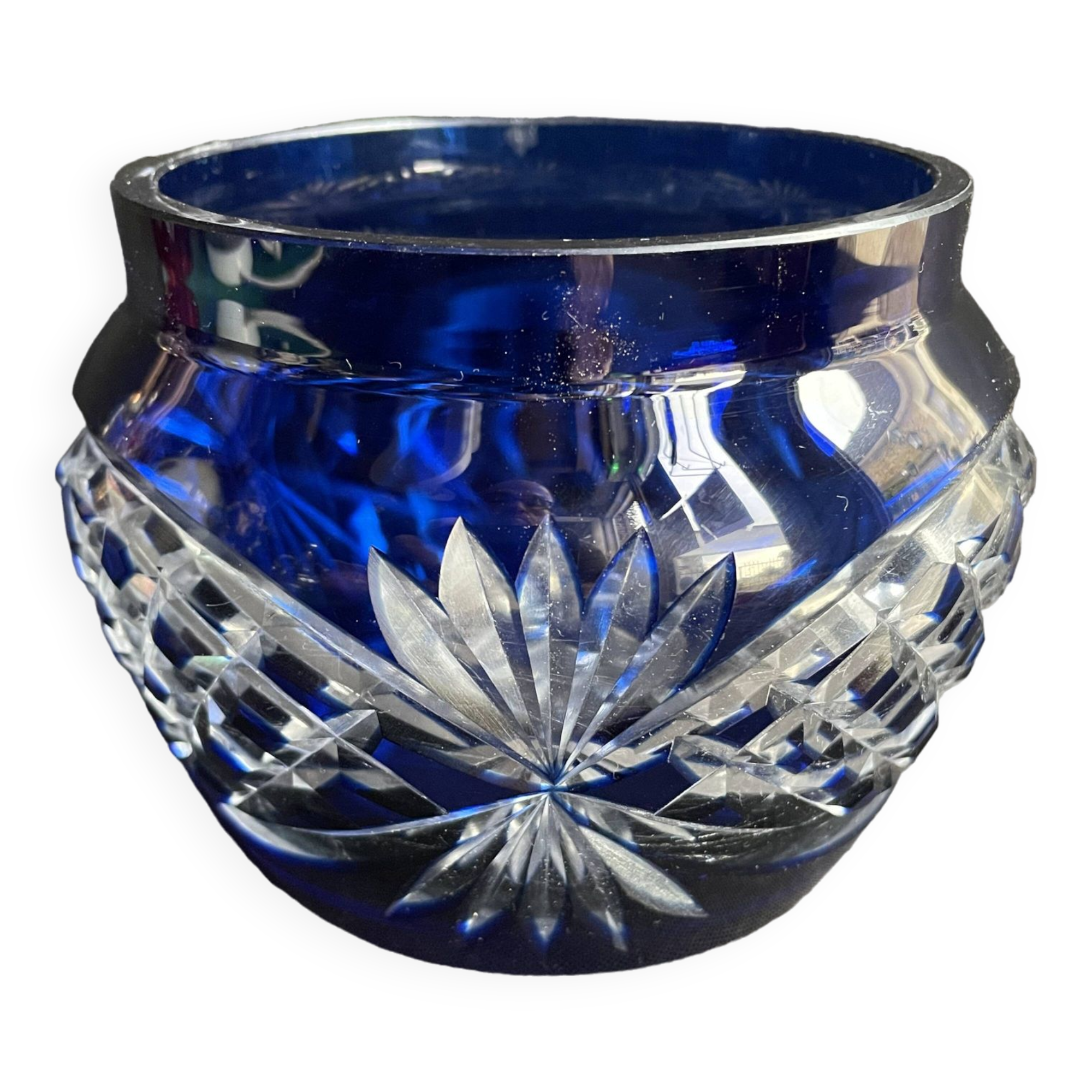 Cobalt blue overlay cut crystal vase