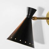 Set of three Italian wall lights in brass and lacquered iron, 1950s design.