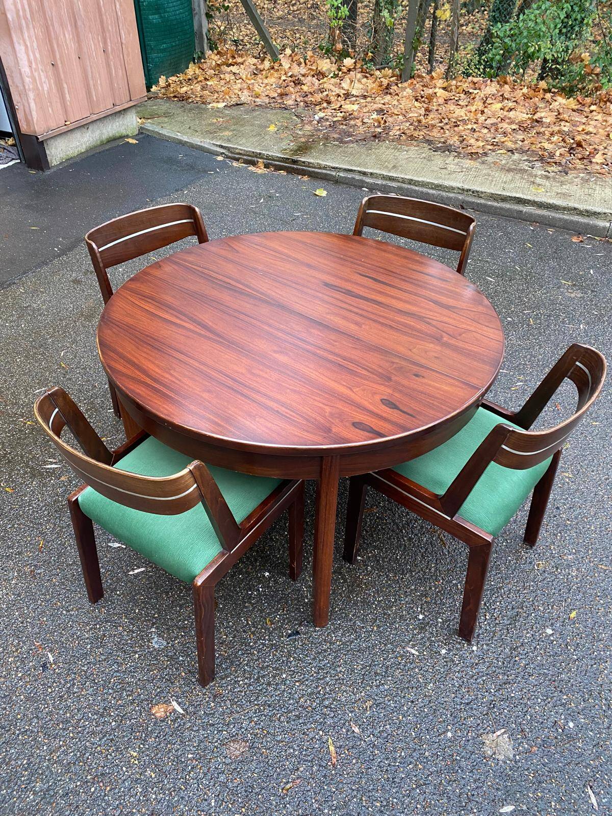 Scandinavian dining table and 4 Hans Olsen style chairs in teak and velvet.