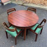 Scandinavian dining table and 4 Hans Olsen style chairs in teak and velvet.