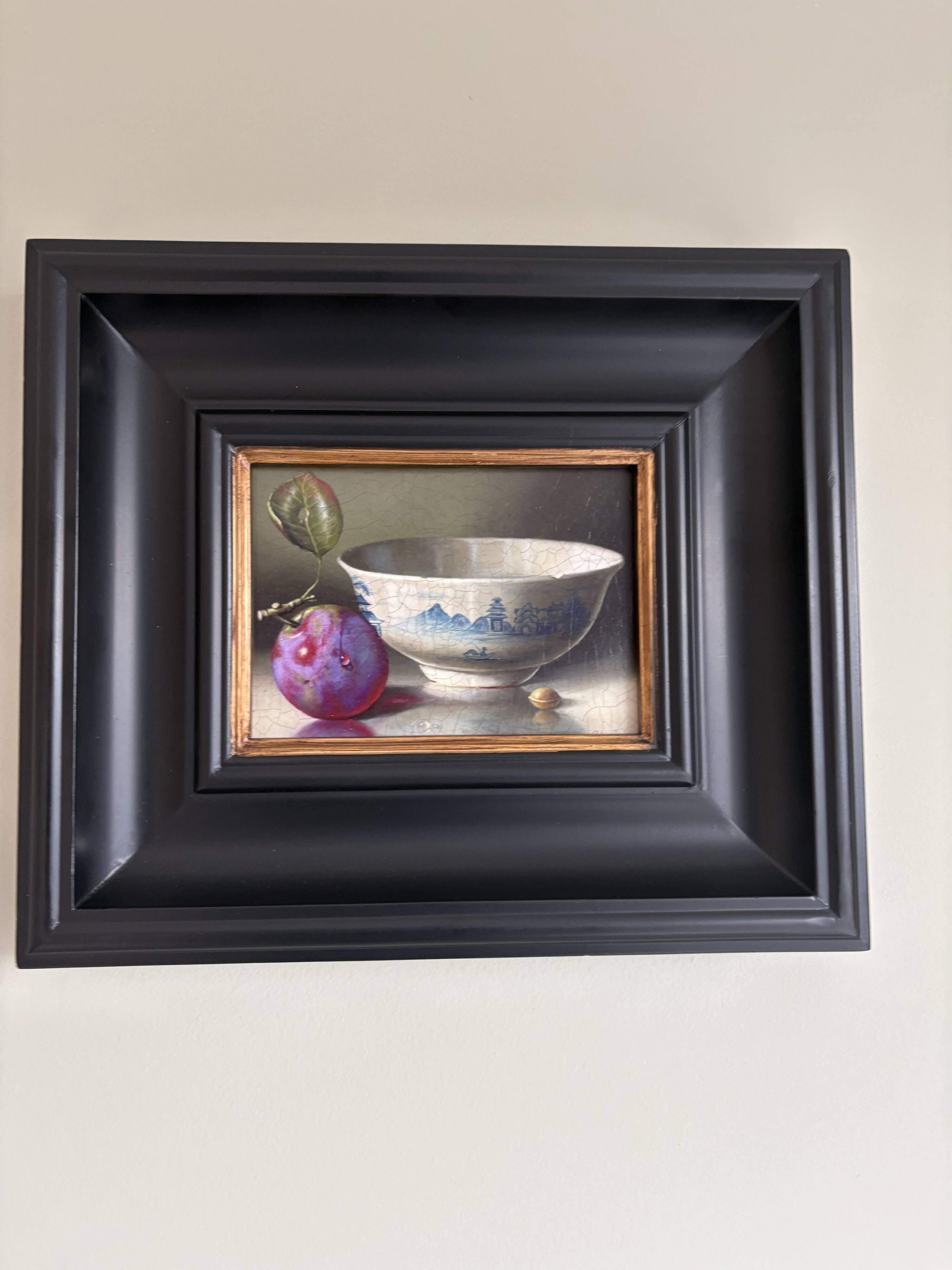 Beautiful still life with plum and bowl.