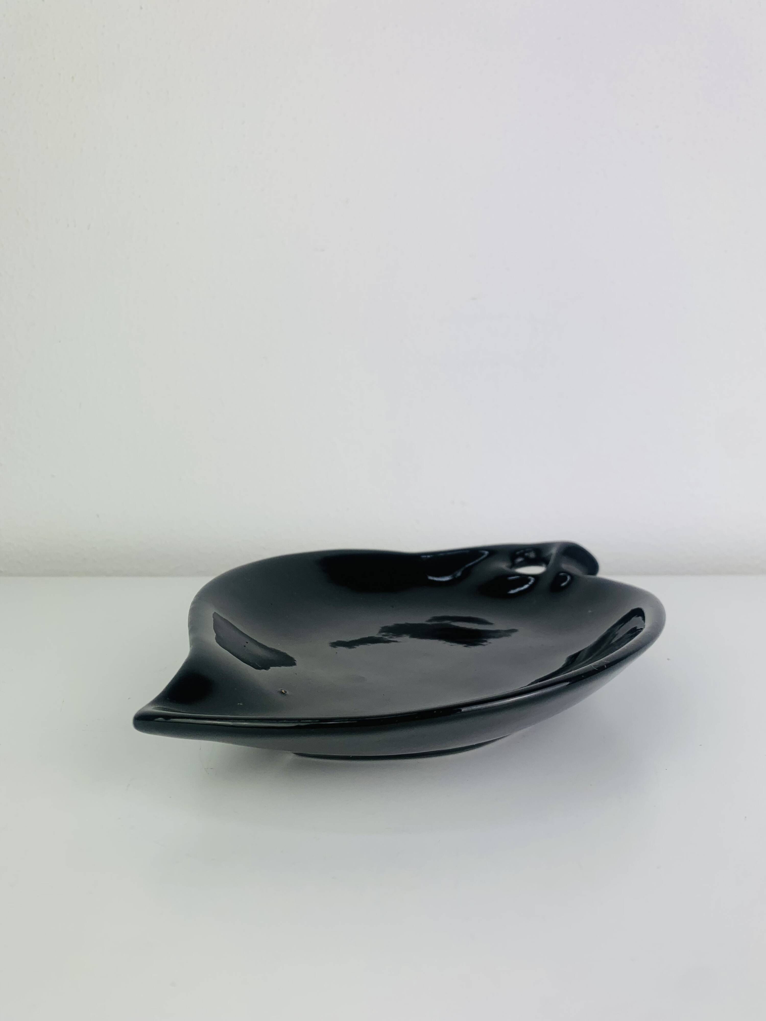 Black ceramic catchall, organic shape, vintage.