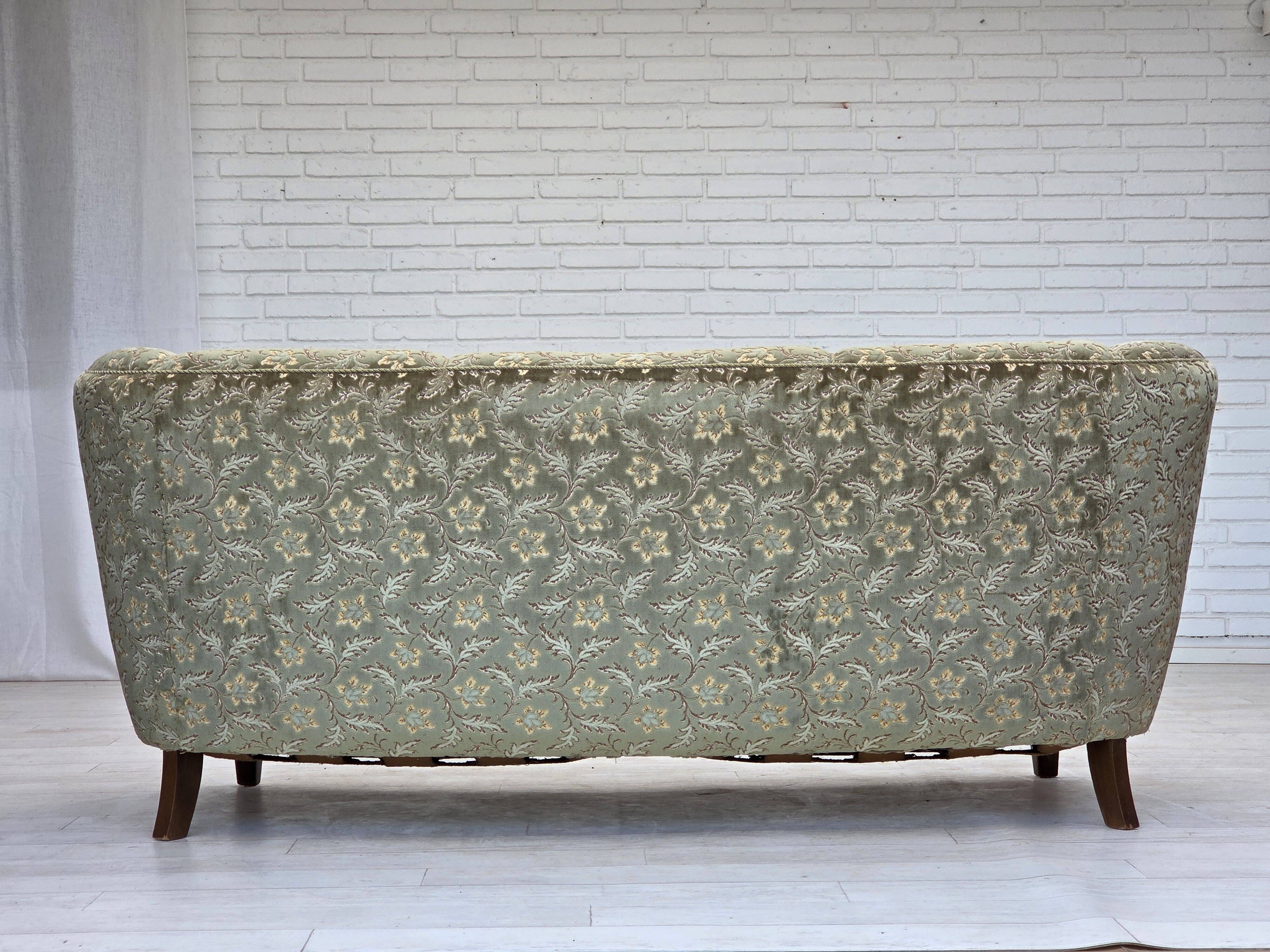 1960s, Danish 3-seater curved sofa, furniture velour, beech wood legs.