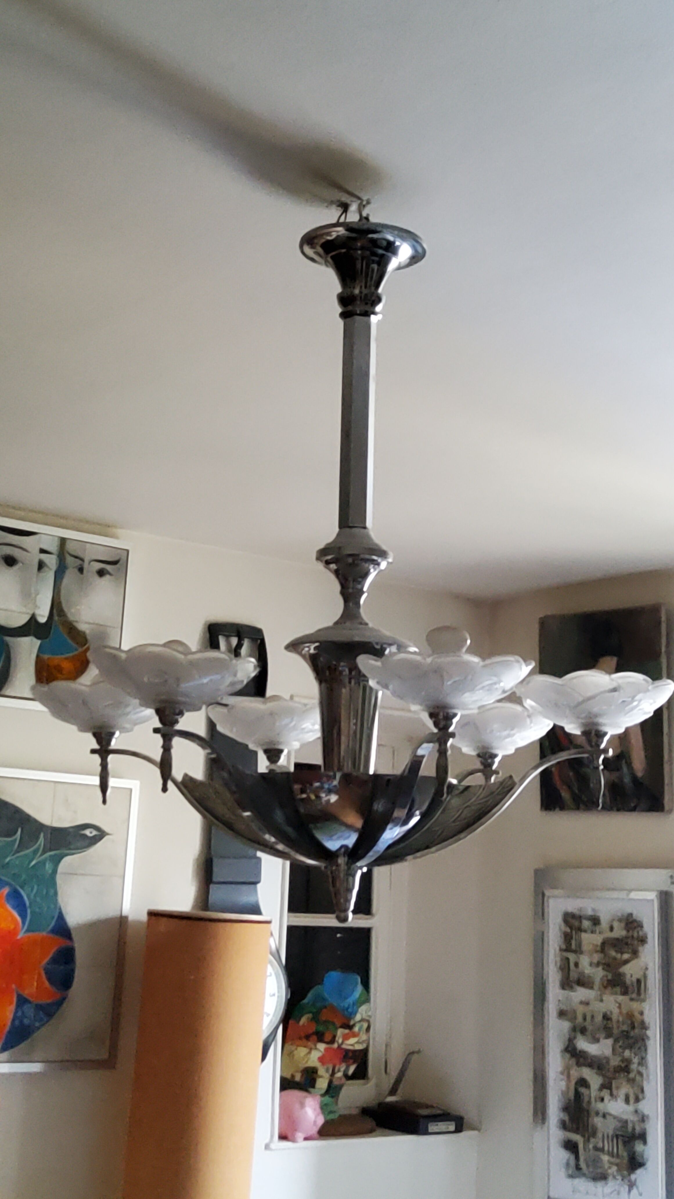 Art deco chandelier in chromed metal and glass 6 arms of lights