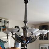 Art deco chandelier in chromed metal and glass 6 arms of lights