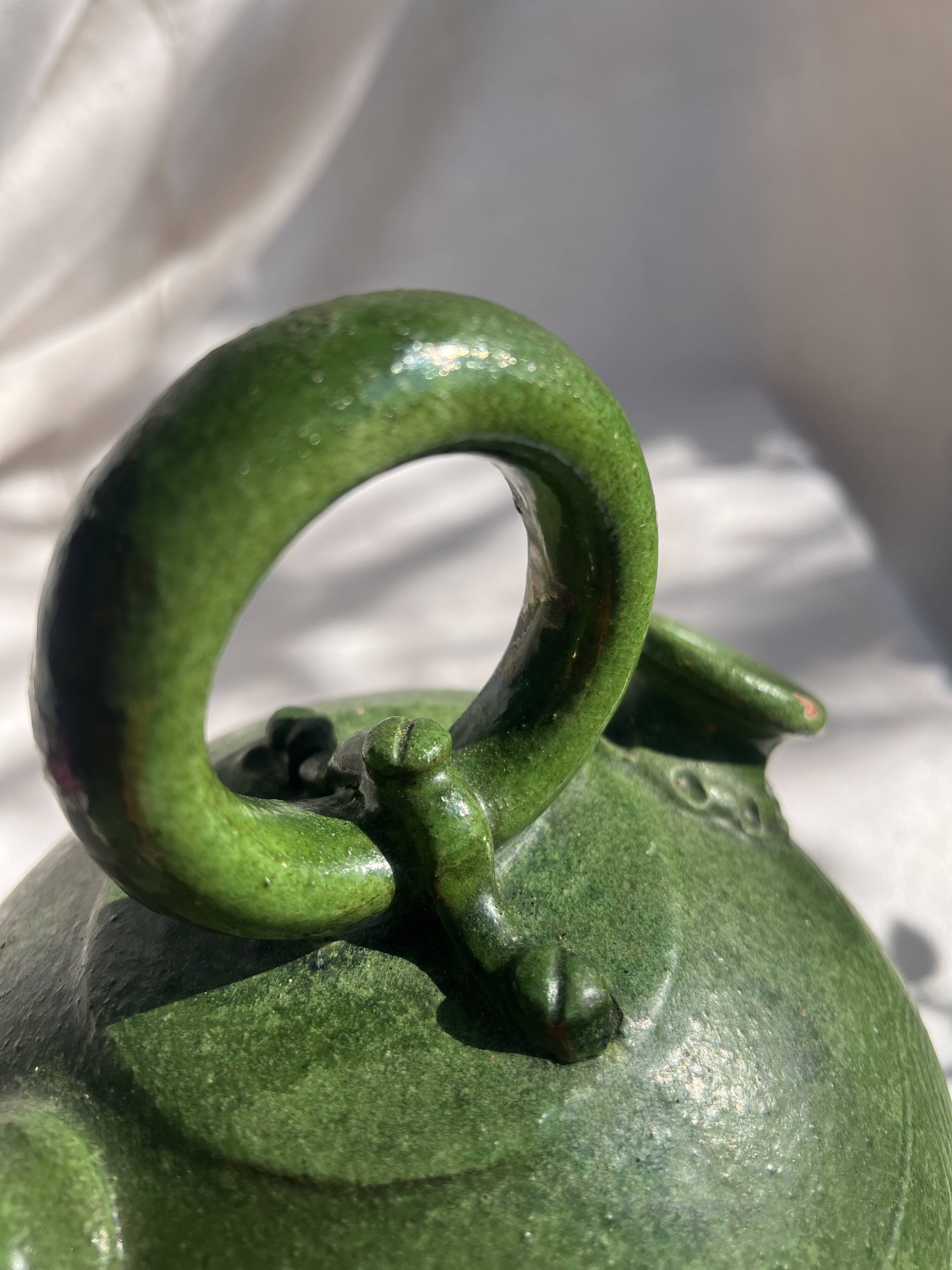 French Antique 19th-Century Green-Glazed Ceramic Water Jug