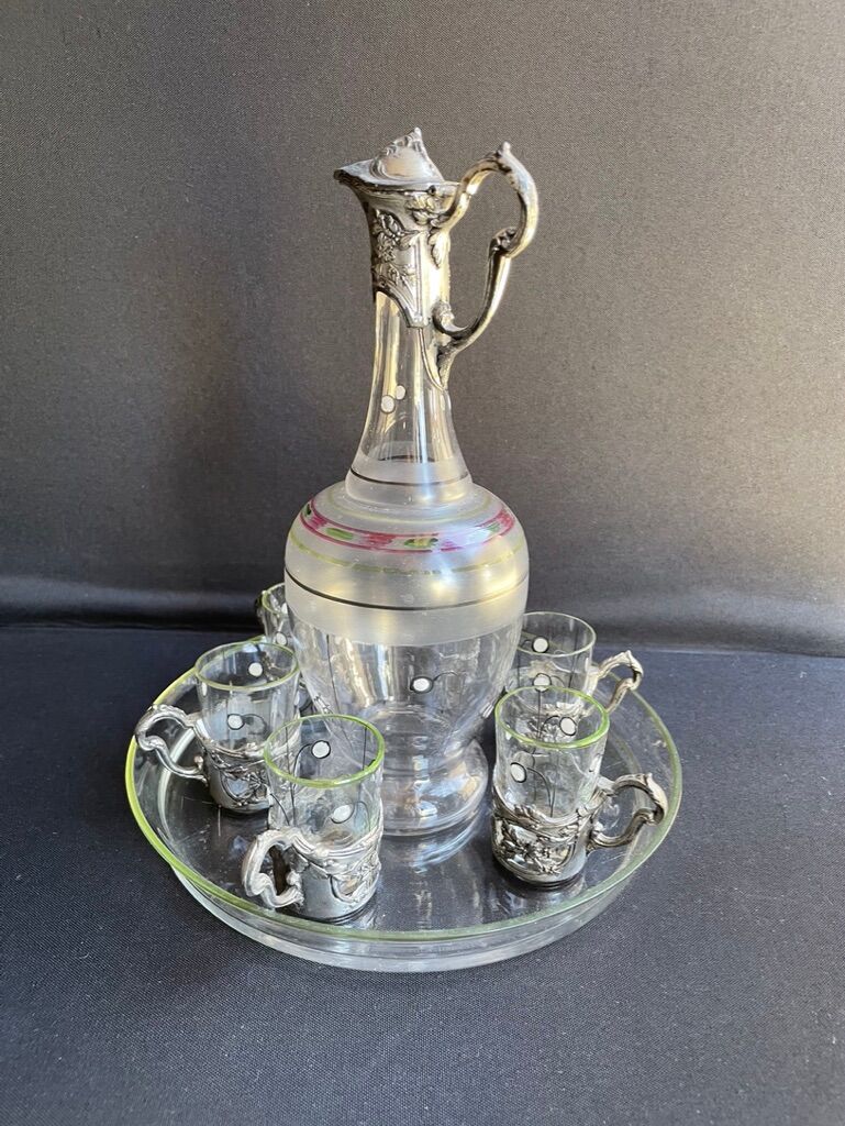 Liquor service Art Nouveau 1/2 Enamelled colored crystal with silver metal frame