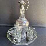 Liquor service Art Nouveau 1/2 Enamelled colored crystal with silver metal frame