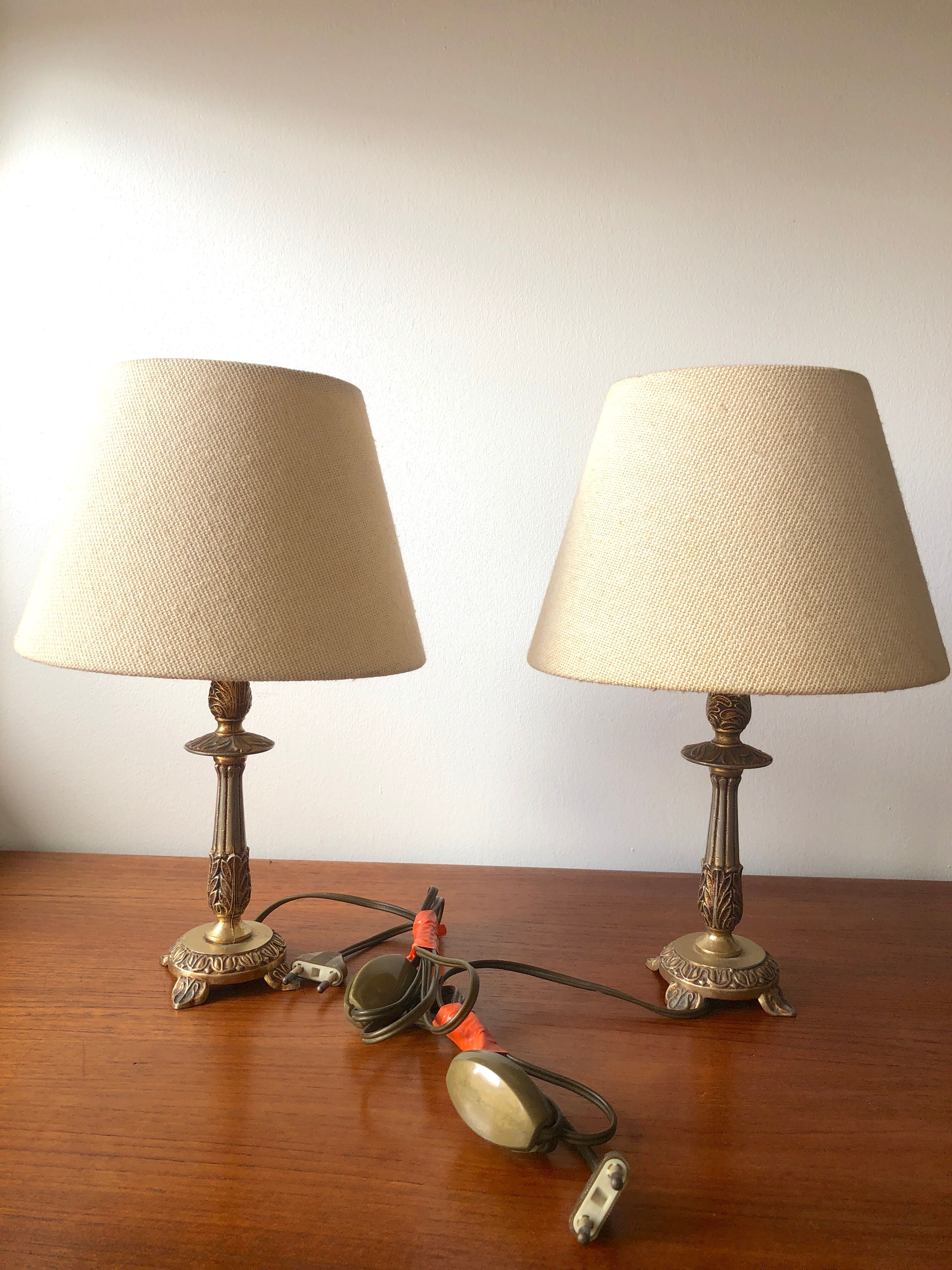 Pair of brass and jute bedside lamps