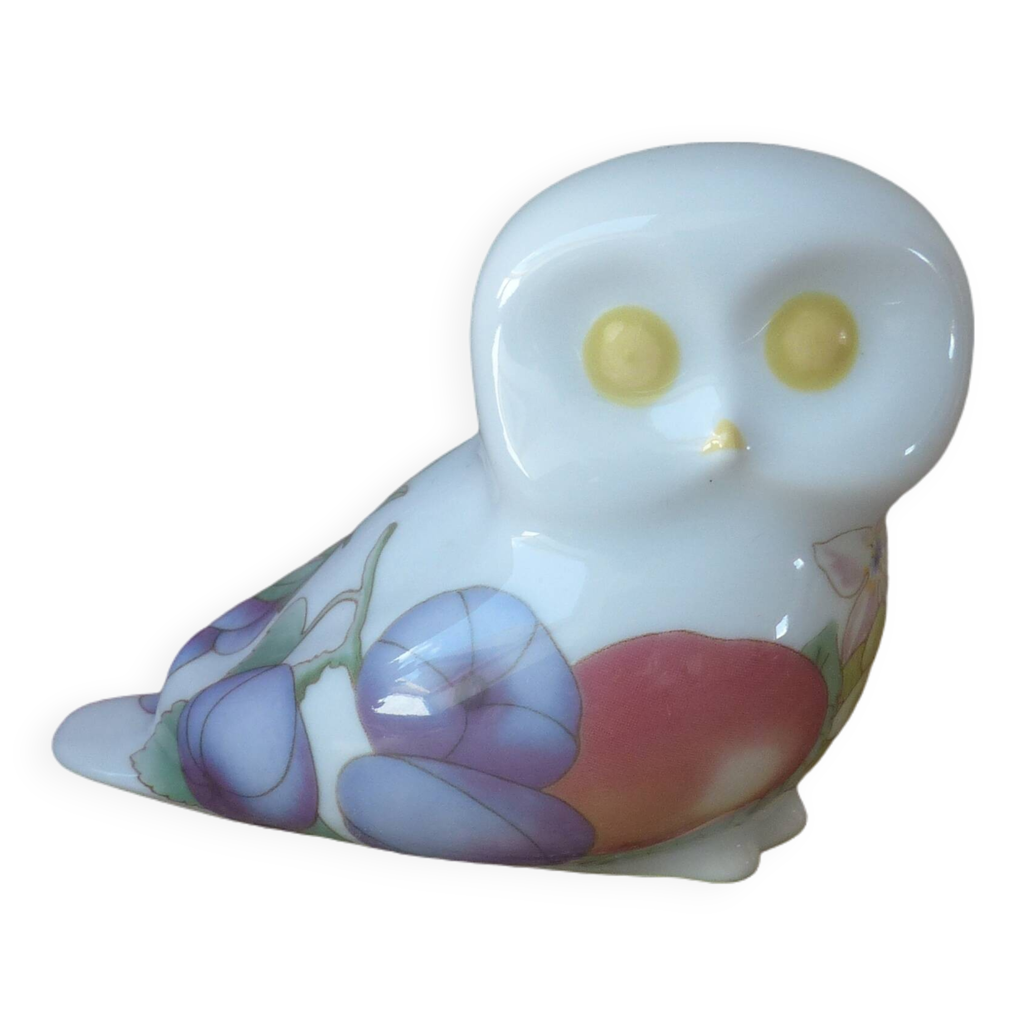 Porcelain owl figurine with fruit decoration, miniature owl with garden fruits