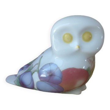 Porcelain owl figurine with fruit decoration, miniature owl with garden fruits
