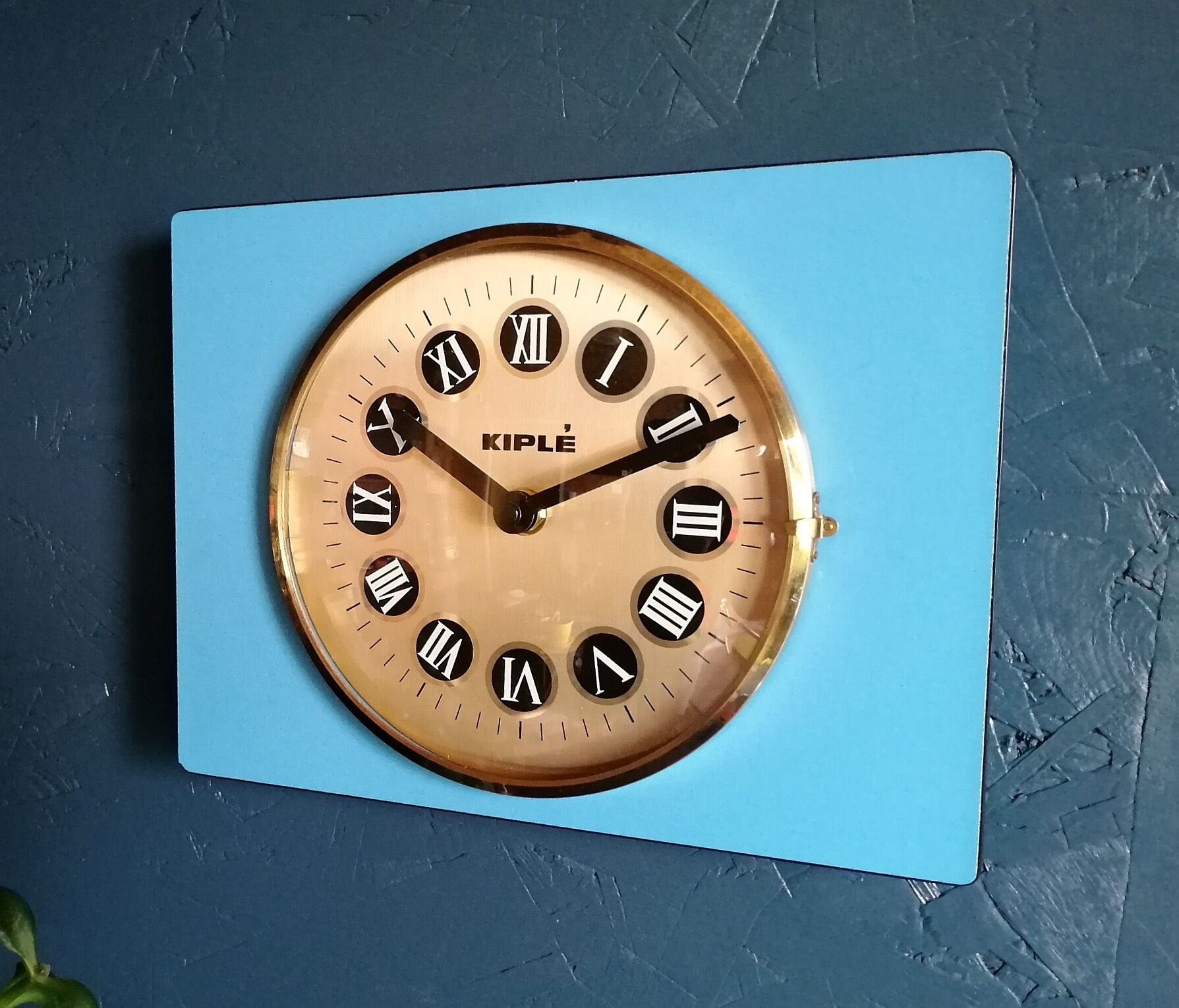 Vintage formica clock silent rectangular wall clock "Blue Kiple"