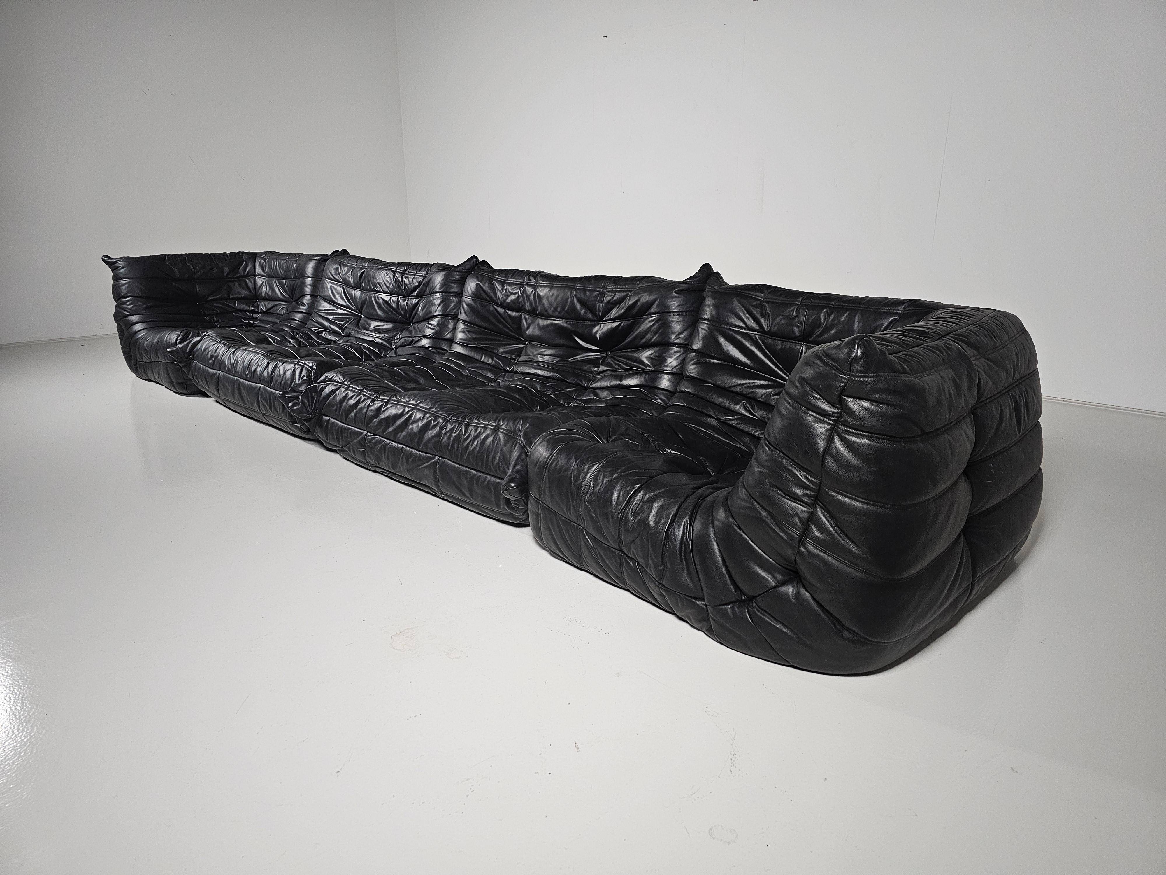 Togo black leather sofa, original, Michel Ducaroy, Ligne Roset, 1980