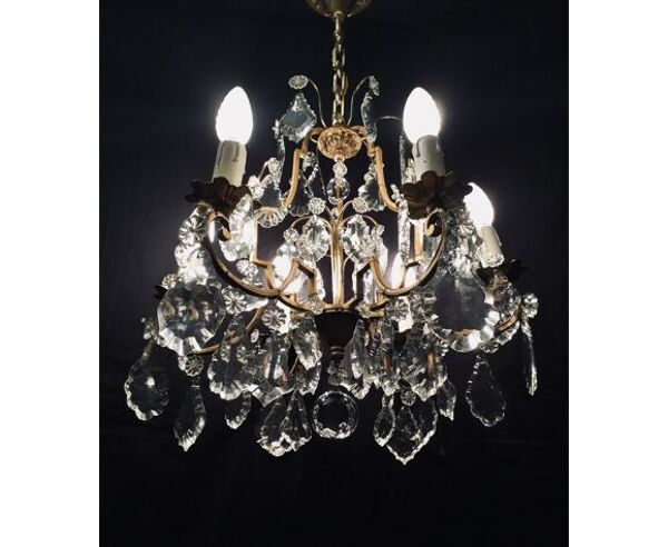 Lustre cage 6 lumières en bronze et cristal