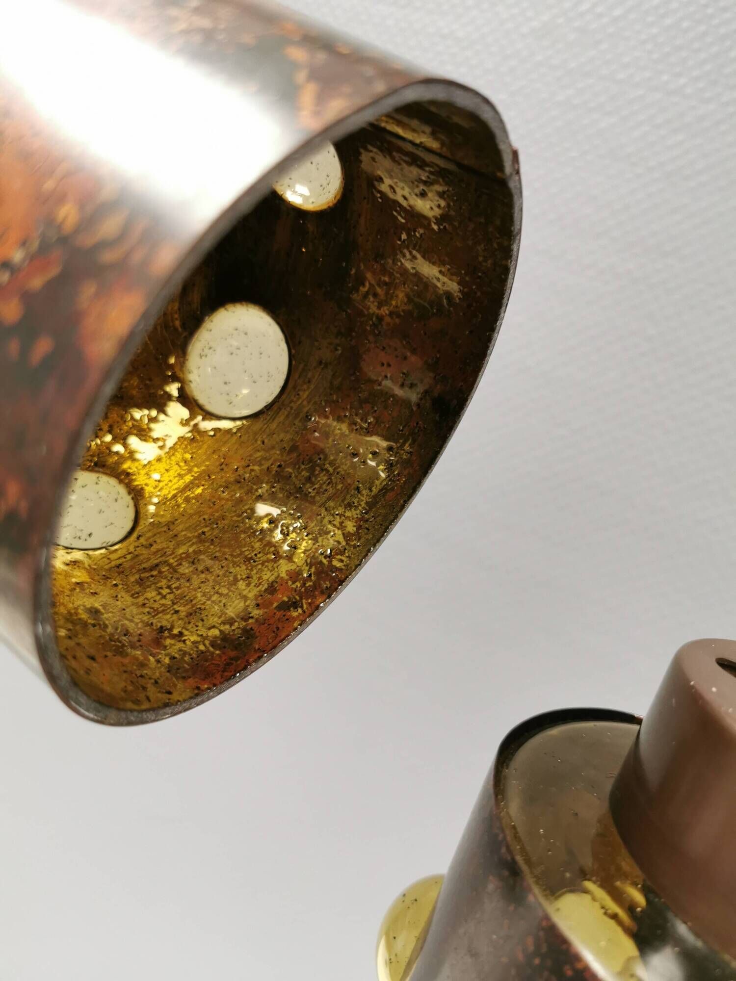 Two beautiful hanging lamps made of thin copper with inlaid glass 1970-80s