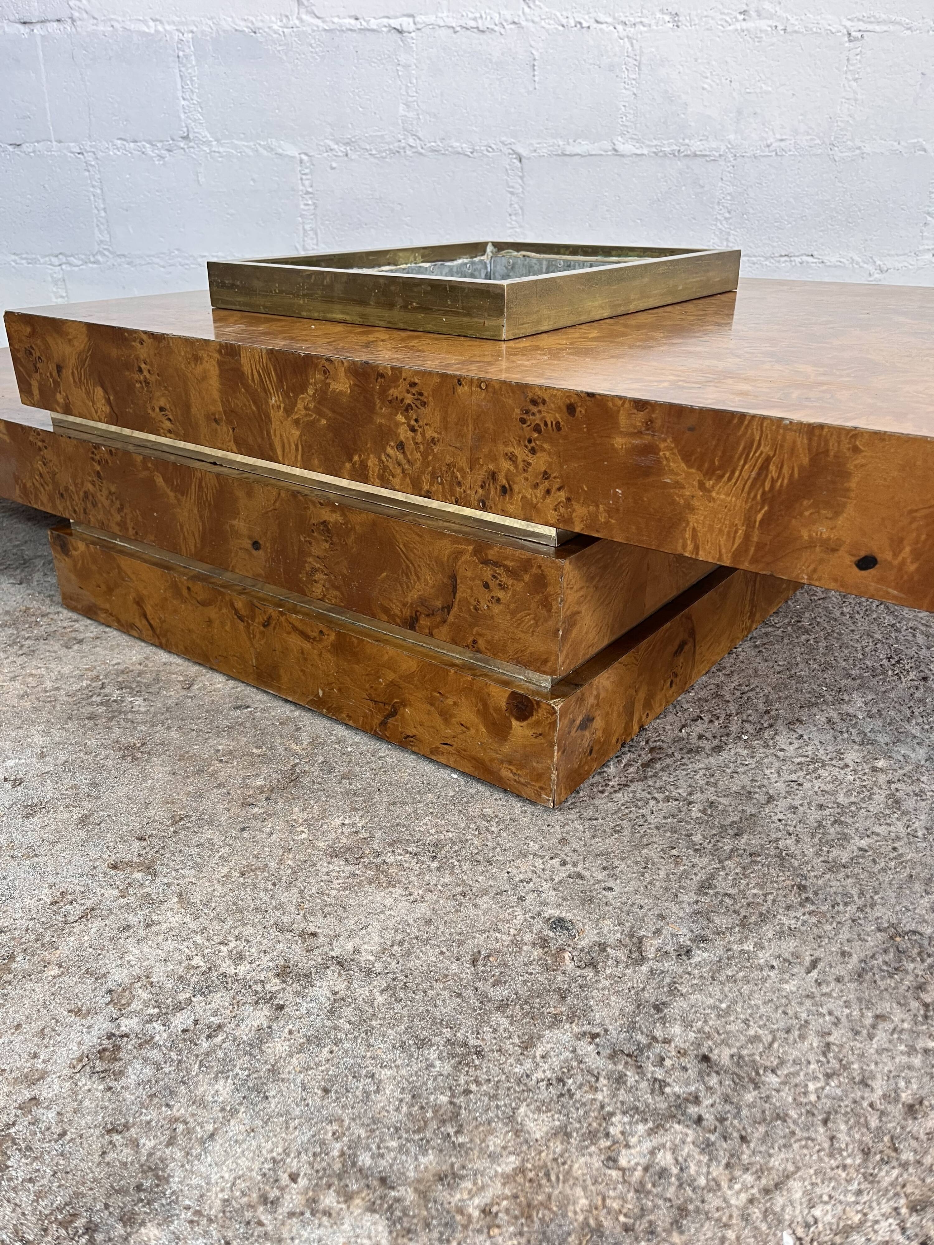 RocheBobois coffee bar table in elm burl and brass, 1970s