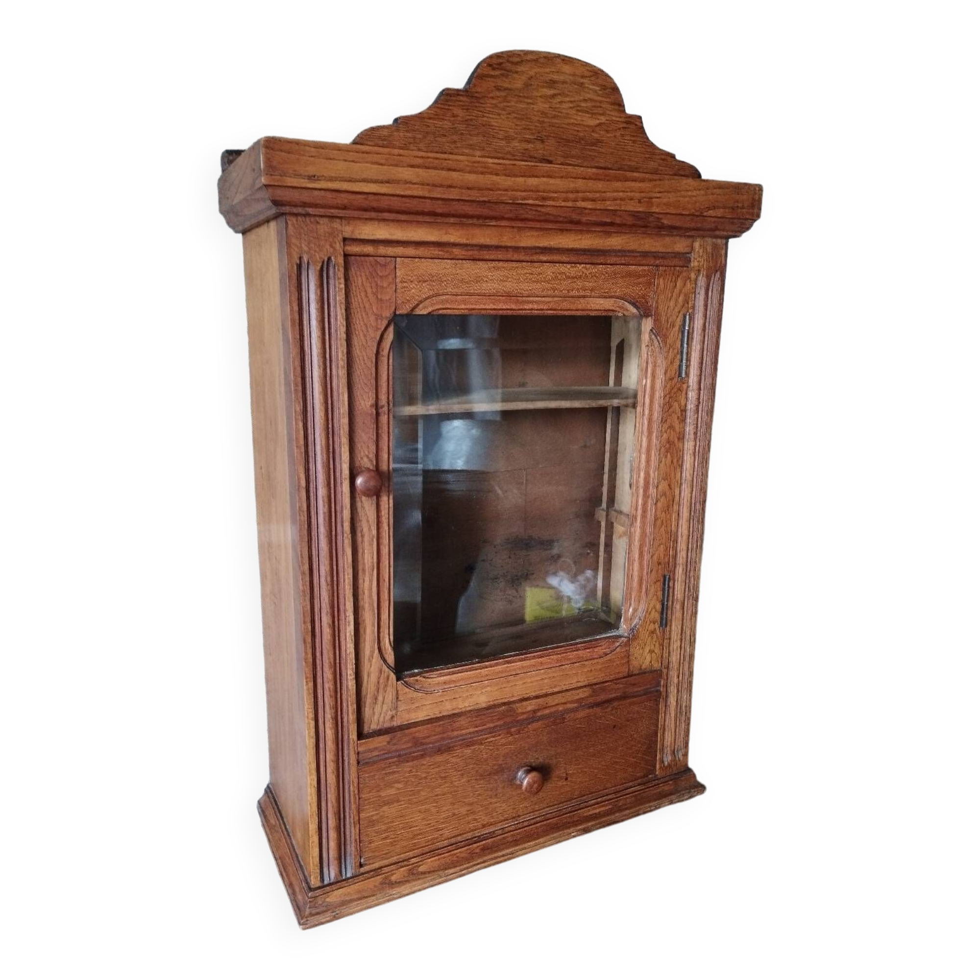 Old glass wall shelf with drawer door