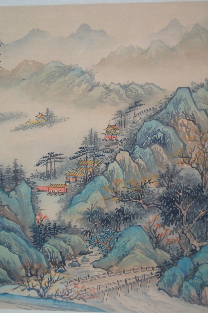 Ancient painting on fabric, asian landscape, with frame 40 x 39.5 cm