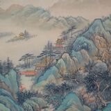 Peinture ancienne sur tissu,  paysage asiatique, avec encadrement 40 x 39.5 cm