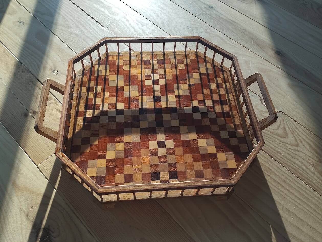 Large octagonal wooden marquetry platter