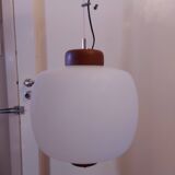 50's, 60'S design pendant lamp in opaline and teak by Goffredo Reggiani.