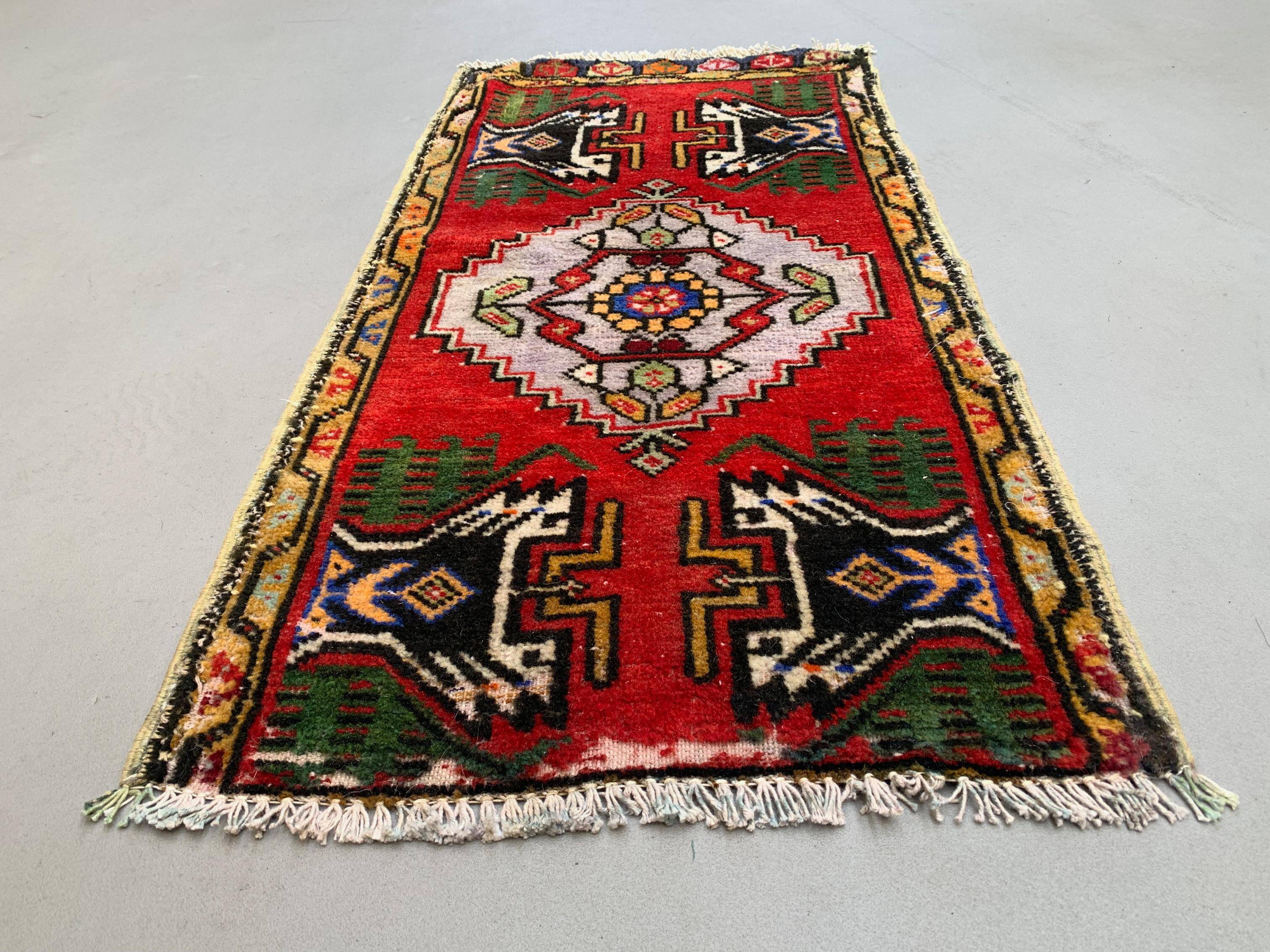 Small Vintage Turkish Rug 103x52 cm, Short Runner, Tribal, Shabby, Mini Carpet