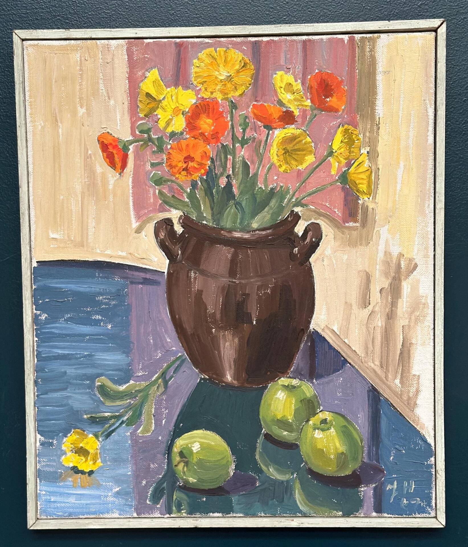 Swedish Oil on Canvas – “Apples and Flowers” – Vintage & Framed