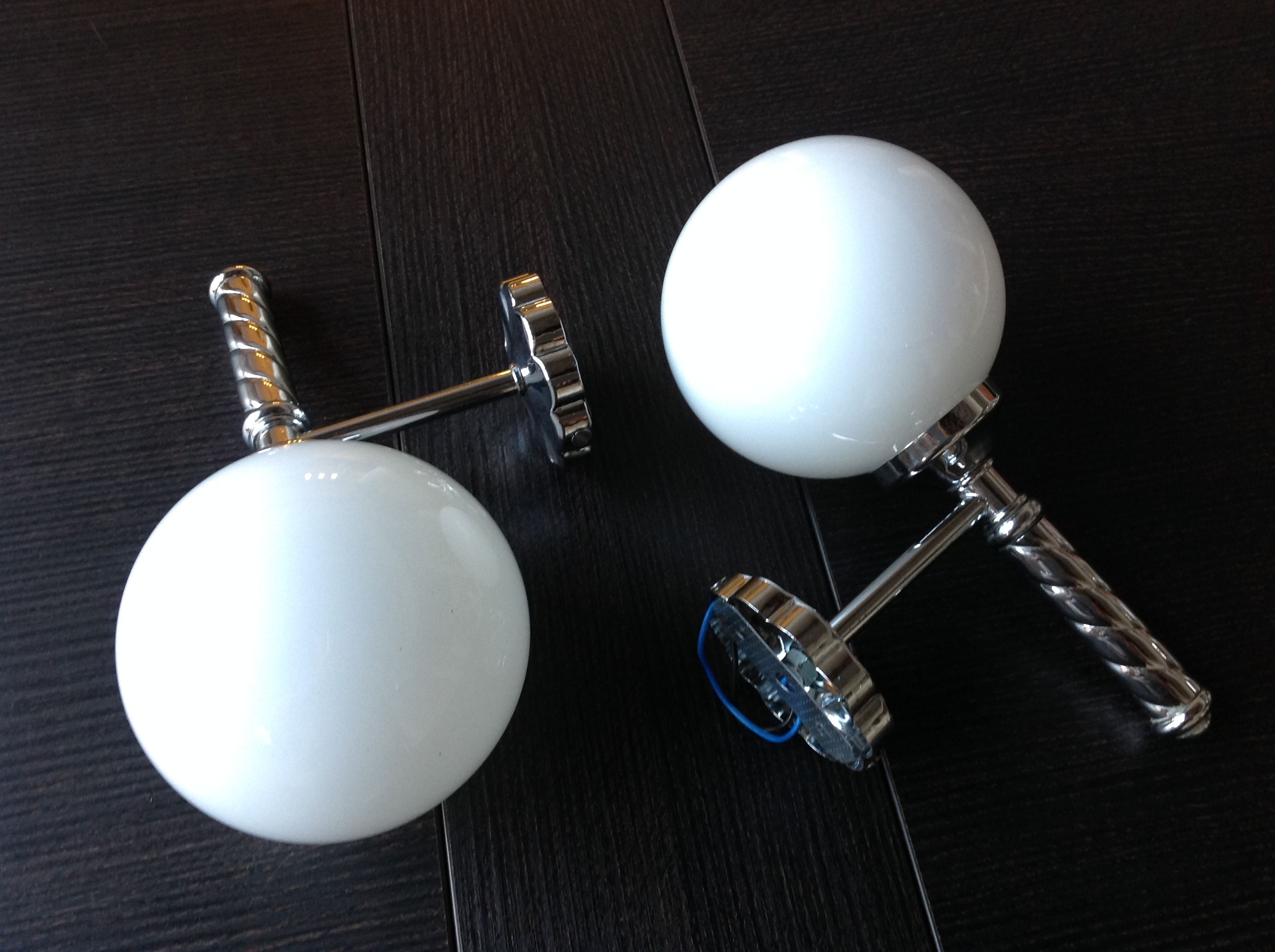 Pair of globe wall lamps in white opaline and chrome/vintage metal 70s