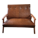 Scandinavian sofa 2 places 60s in wood and imitation leather