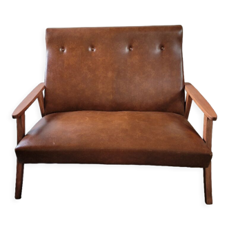 Canapé scandinave 2 places années 60 en bois et simili cuir