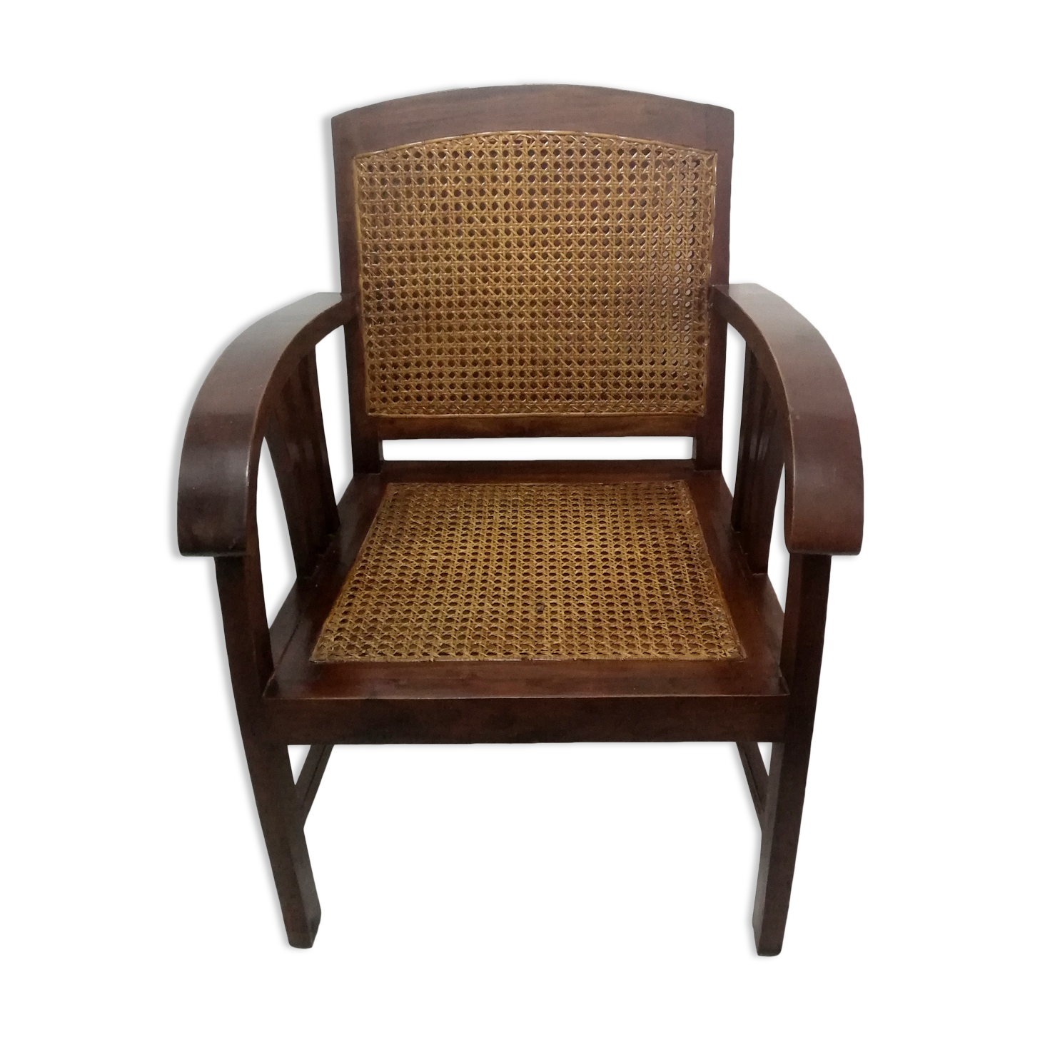 Fauteuil colonial en acajou et cannage