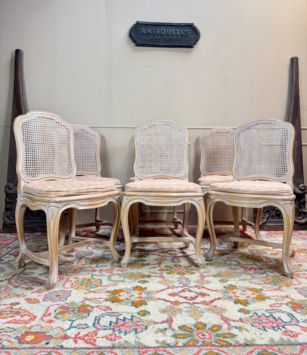 Set of six Louis XV style lacquered wood caned chairs